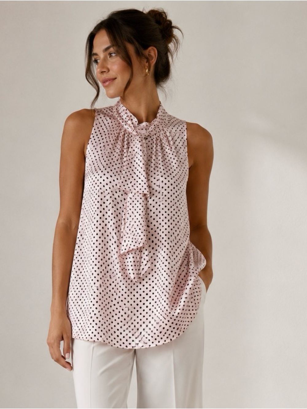 Sleeveless Pink Polka Dot Ruffle Neck Top